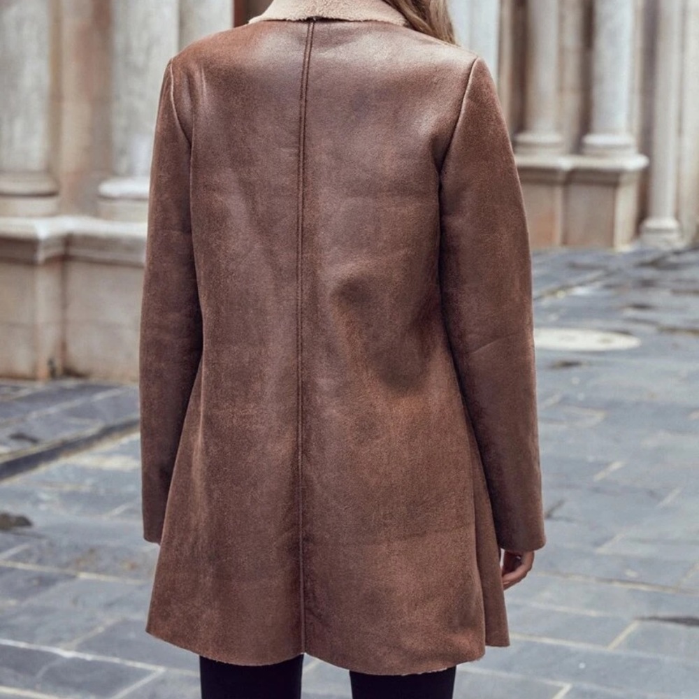 Vegan leather shearling faux fur lined open front jacket coat black cream - Picture 13 of 13